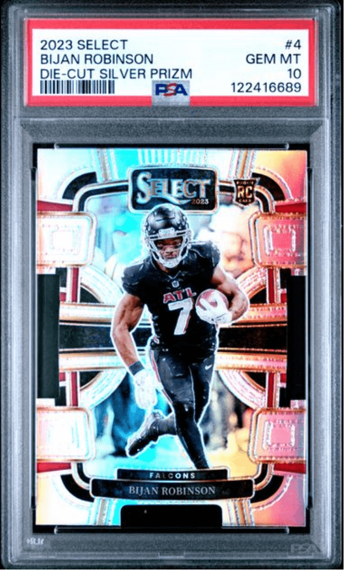 Graded 2023 Panini Select Bijan Robinson #4 Die Cut Silver Prizm Rookie RC Football Card PSA 10 Gem Mint