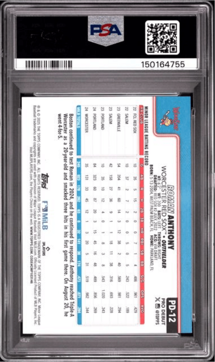Graded 2025 Topps Pro Debut Roman Anthony #12 Rookie RC Baseball Card PSA 10 Gem Mint