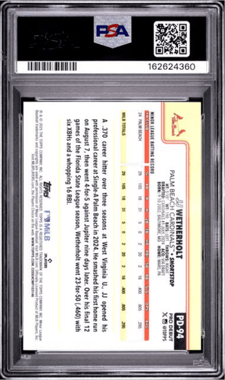 Graded 2025 Topps Pro Debut JJ Wetherholt #94 Rookie RC Baseball Card PSA 10 Gem Mint