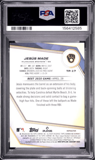 Graded 2025 Topps Bowmans Best Jesus Made #TP17 Top Prospects Refractor Rookie RC Baseball Card PSA 10 Gem Mint