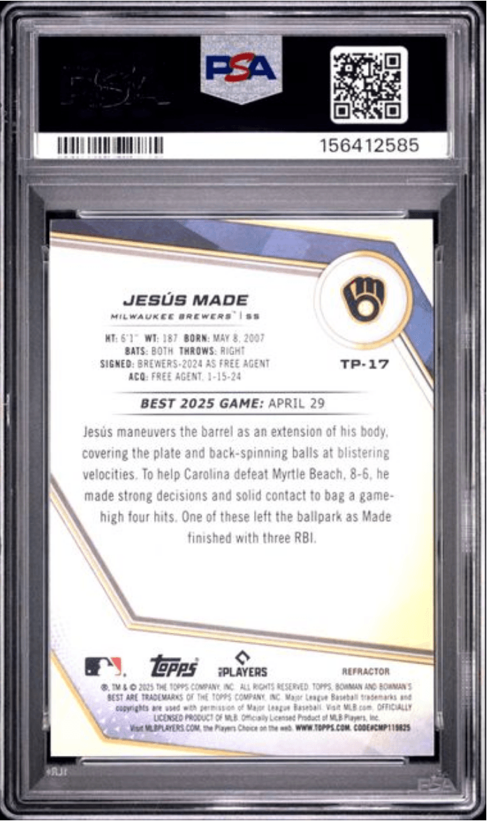 Graded 2025 Topps Bowmans Best Jesus Made #TP17 Top Prospects Refractor Rookie RC Baseball Card PSA 10 Gem Mint