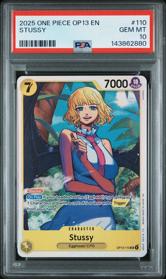 Graded 2025 One Piece Stussy #110 OP13 EN Trading Card Game PSA 10 Gem Mint