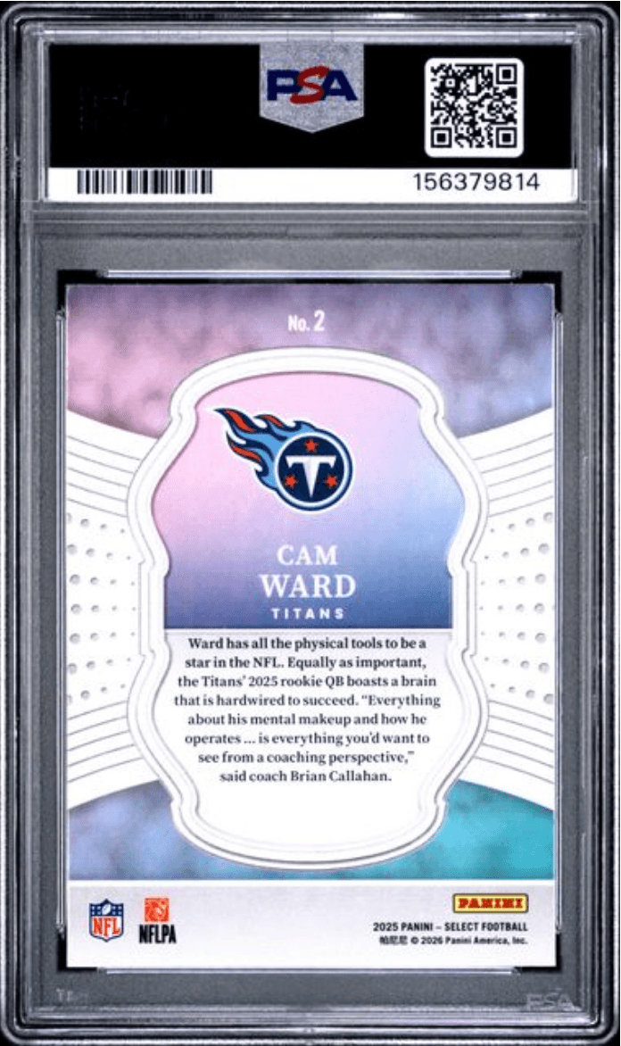 Graded 2025 Panini Select Cam Ward #2 Select Certified Rookie Rookie RC Football Card PSA 10 Gem Mint