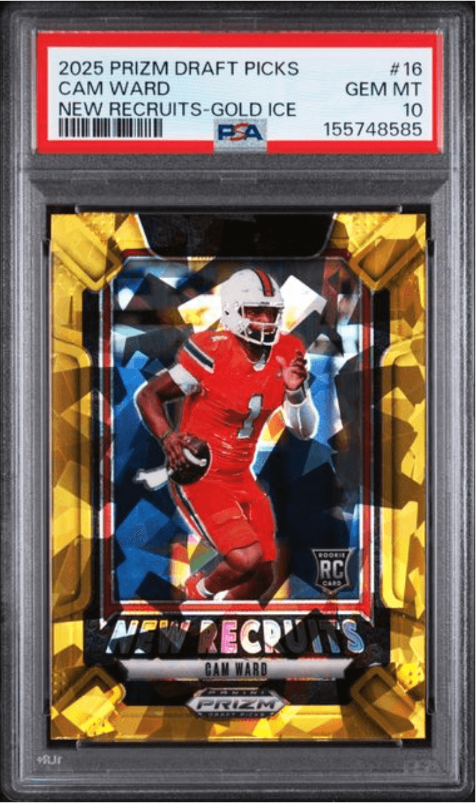 Graded 2025 Panini Prizm Draft Picks Cam Ward #16 New Recruits Gold Ice Rookie RC Football Card PSA 10 Gem Mint