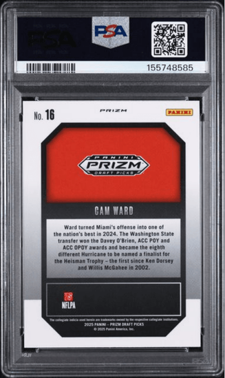 Graded 2025 Panini Prizm Draft Picks Cam Ward #16 New Recruits Gold Ice Rookie RC Football Card PSA 10 Gem Mint