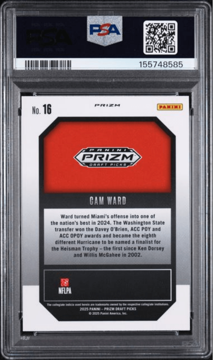 Graded 2025 Panini Prizm Draft Picks Cam Ward #16 New Recruits Gold Ice Rookie RC Football Card PSA 10 Gem Mint