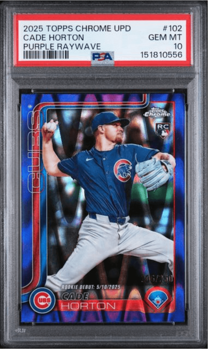 Graded 2025 Topps Chrome Update Cade Horton #102 Purple Raywave /250 Rookie RC Baseball Card PSA 10 Gem Mint