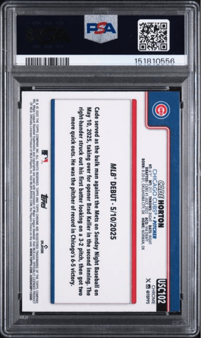 Graded 2025 Topps Chrome Update Cade Horton #102 Purple Raywave /250 Rookie RC Baseball Card PSA 10 Gem Mint