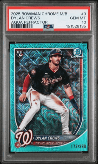 Graded 2025 Topps Bowman Chrome Mega Box Dylan Crews #3 Aqua Refractor /299 Rookie RC Baseball Card PSA 10 Gem Mint