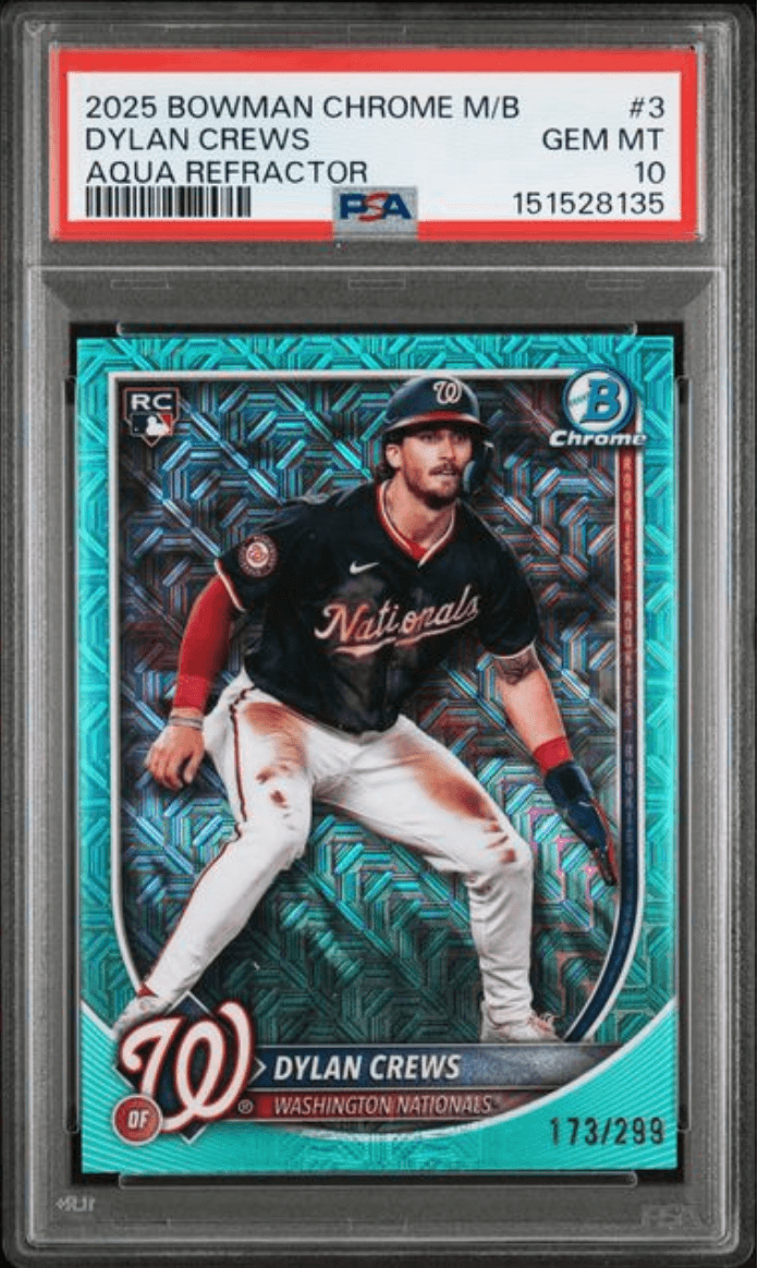Graded 2025 Topps Bowman Chrome Mega Box Dylan Crews #3 Aqua Refractor /299 Rookie RC Baseball Card PSA 10 Gem Mint