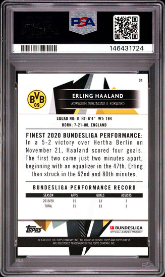 Graded 2020 Topps Finest Bundesliga Erling Haaland #31 Soccer Card PSA 10 Gem Mint
