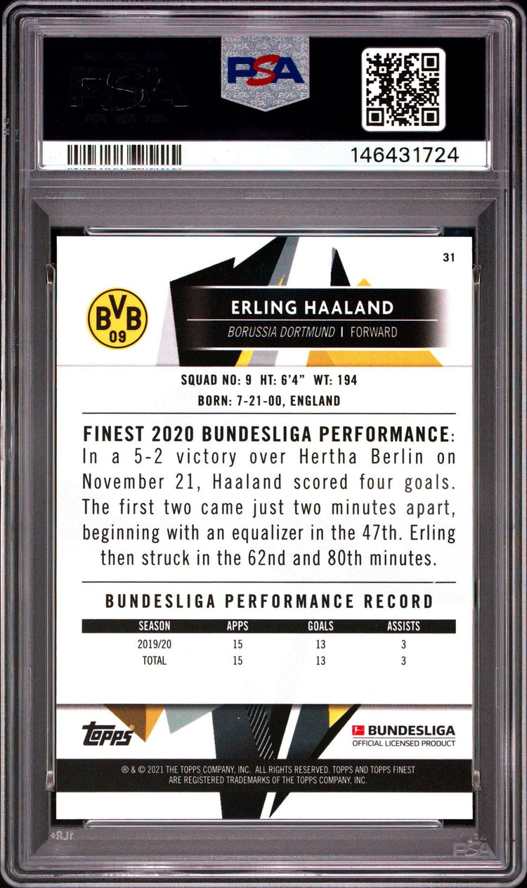 Graded 2020 Topps Finest Bundesliga Erling Haaland #31 Soccer Card PSA 10 Gem Mint