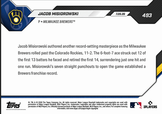 2026 Topps Now Jacob Misiorowski #493 Gold Foil /50 7 Straight Ks to Open Game Sets Brewers Record Milwaukee Brewers Rookie RC Baseball Card