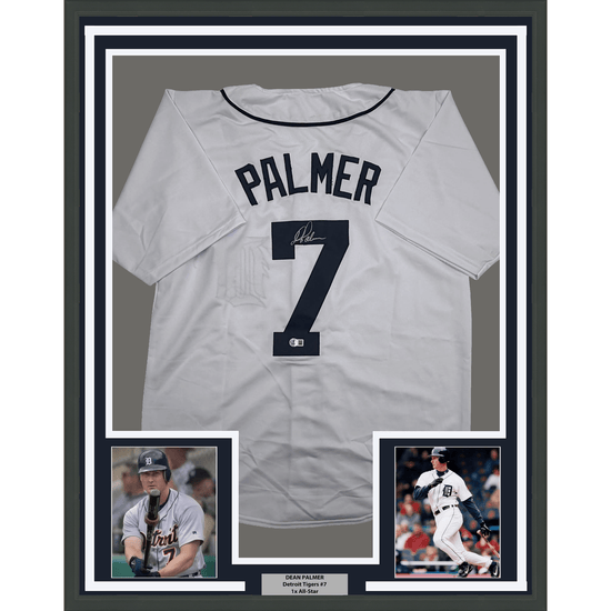 Framed Autographed/Signed Dean Palmer 35x39 Detroit White Baseball Jersey Beckett BAS COA