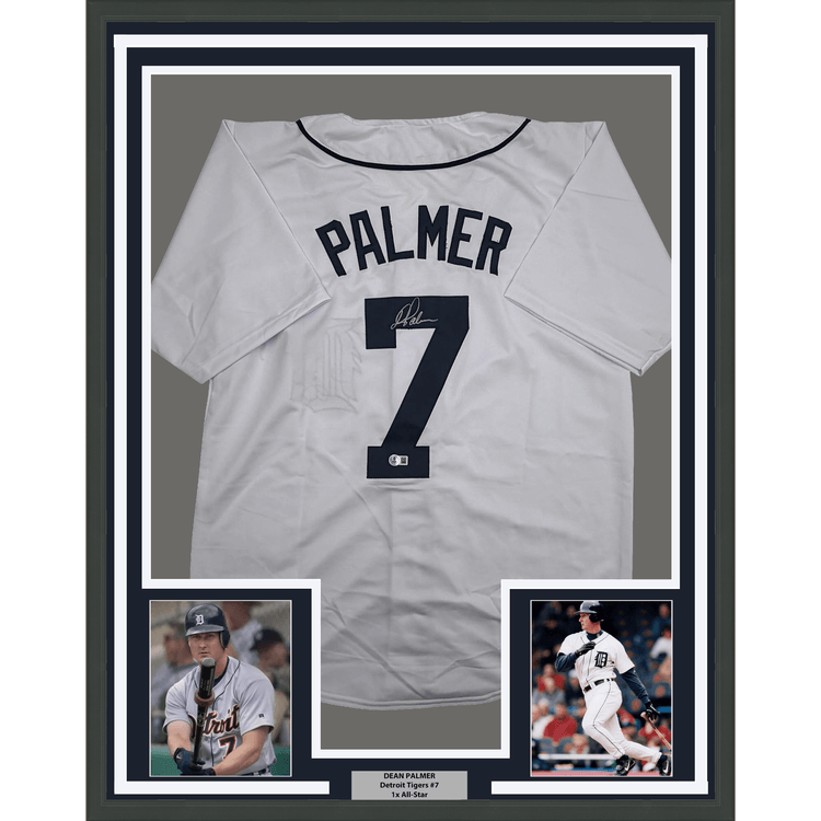 Framed Autographed/Signed Dean Palmer 35x39 Detroit White Baseball Jersey Beckett BAS COA