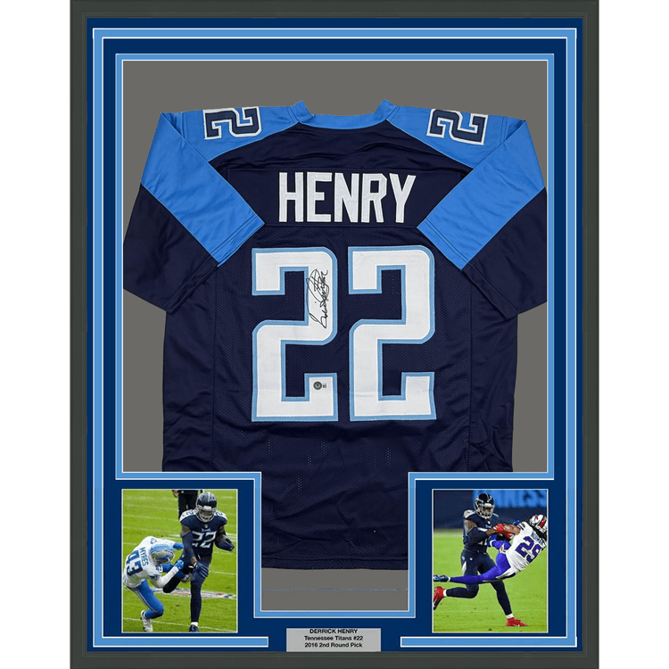 Framed Autographed/Signed Derrick Henry 35x39 Tennessee Rookie Navy Blue Football Jersey Beckett BAS COA