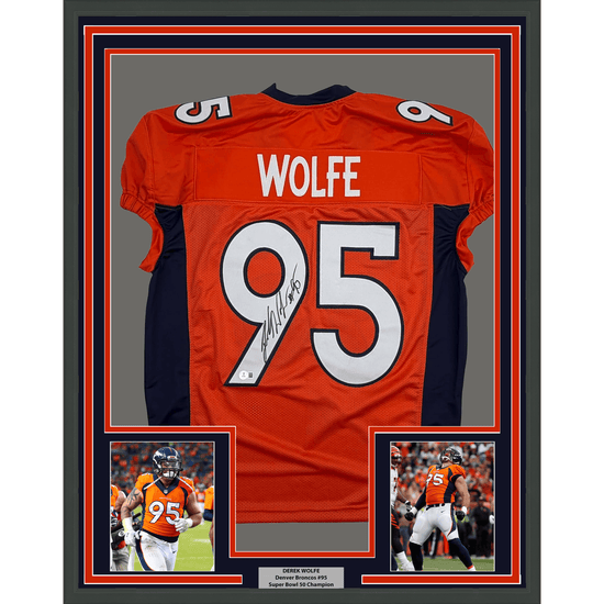Framed Autographed/Signed Derek Wolfe 35x39 Denver Orange Pro Cut Football Jersey Beckett BAS COA