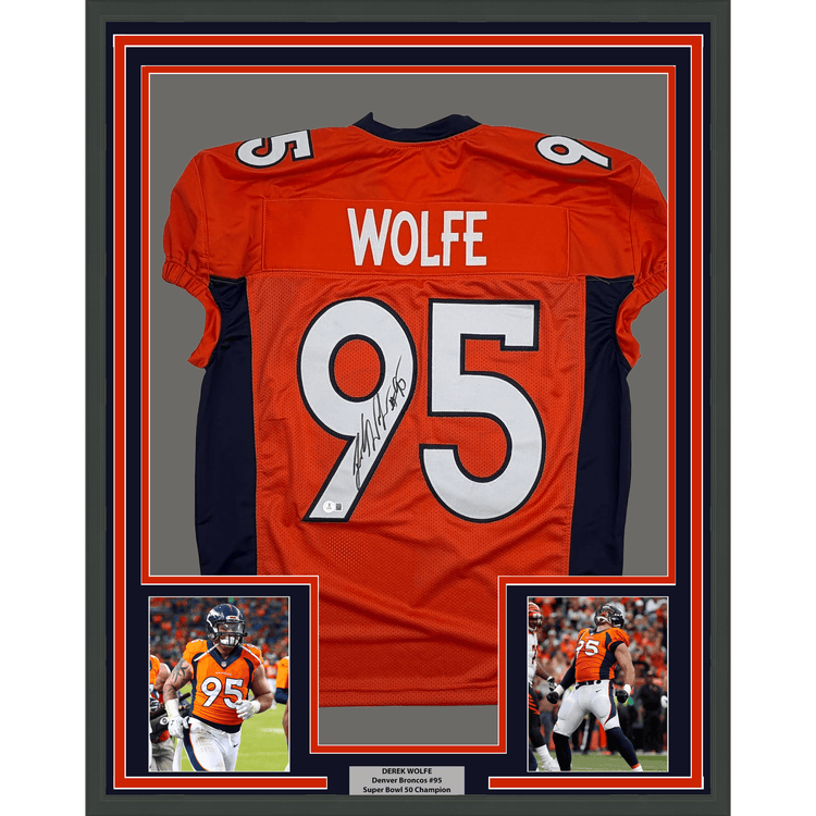 Framed Autographed/Signed Derek Wolfe 35x39 Denver Orange Pro Cut Football Jersey Beckett BAS COA