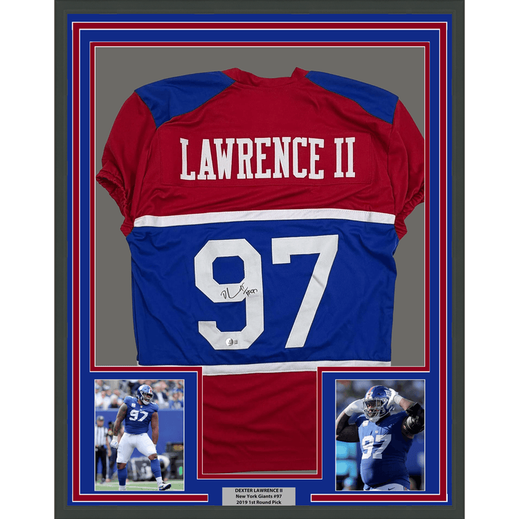 Framed Autographed/Signed Dexter Lawrence II 35x39 New York Retro Century Red Pro Cut Football Jersey Beckett BAS COA