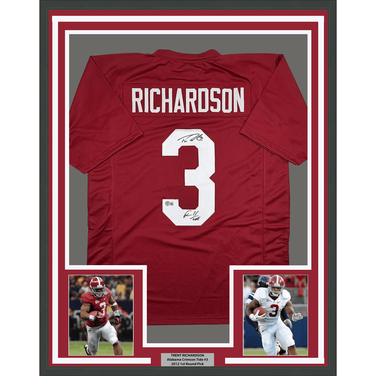 Framed Autographed/Signed Trent Richardson 35x39 Roll Tide Alabama Red College Football Jersey Beckett BAS COA