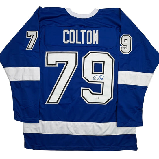 Autographed/Signed Ross Colton Tampa Bay Blue Hockey Jersey Beckett BAS COA