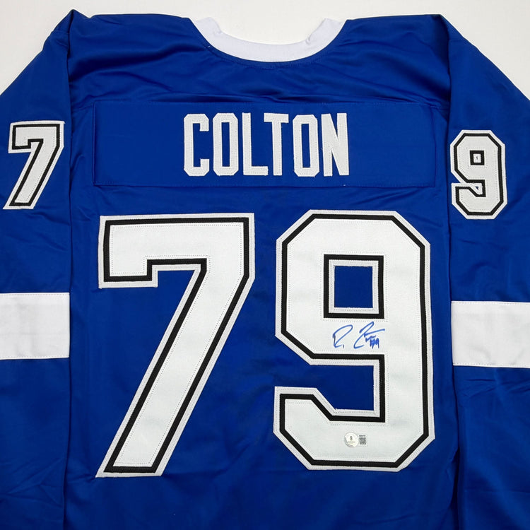 Autographed/Signed Ross Colton Tampa Bay Blue Hockey Jersey Beckett BAS COA