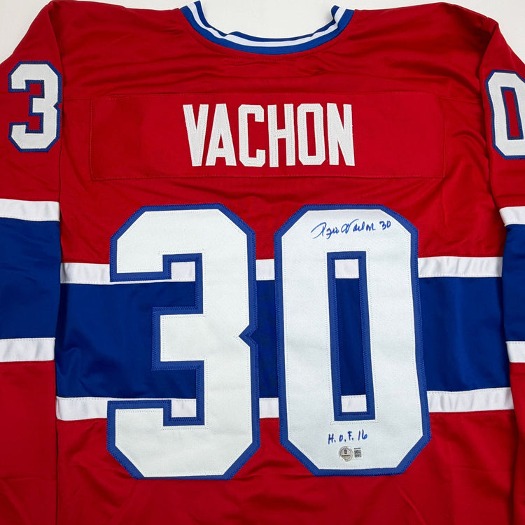 Autographed/Signed Rogie Vachon Montreal Red Hockey Jersey Beckett BAS COA