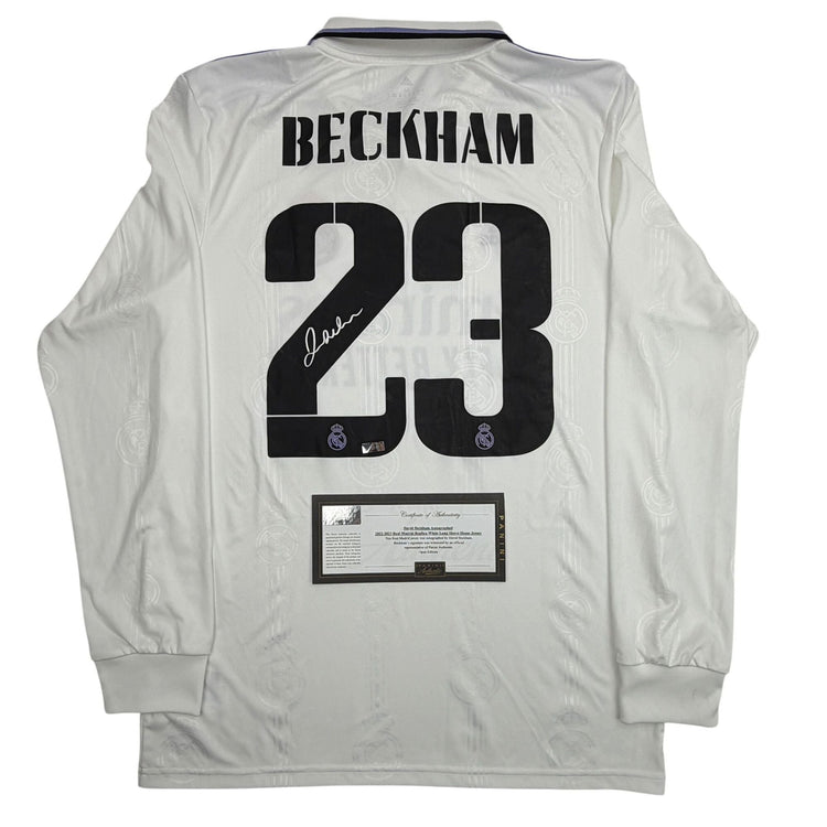 Autographed/Signed David Beckham Real Madrid White Soccer Jersey Panini Authentic COA