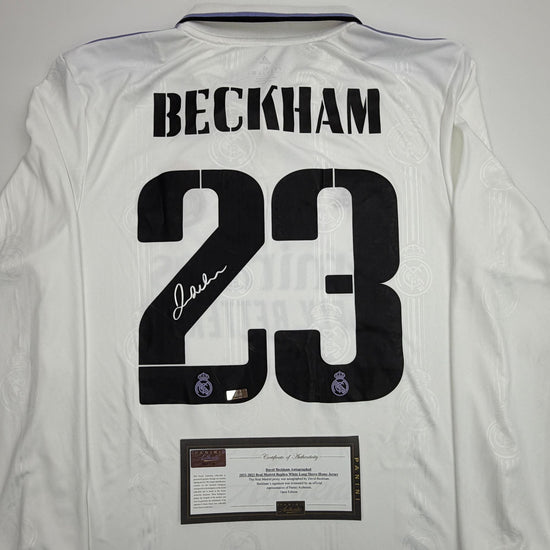 Autographed/Signed David Beckham Real Madrid White Soccer Jersey Panini Authentic COA