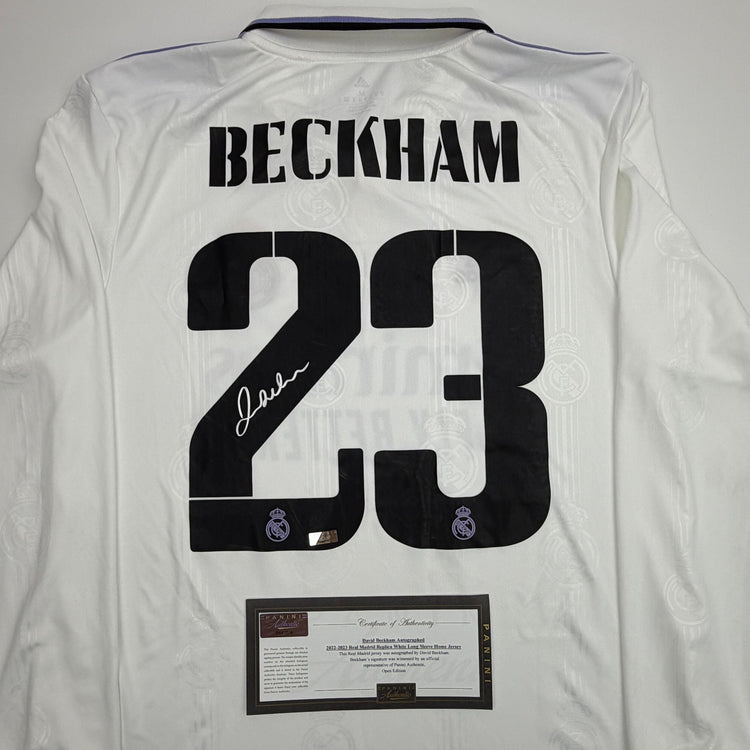 Autographed/Signed David Beckham Real Madrid White Soccer Jersey Panini Authentic COA