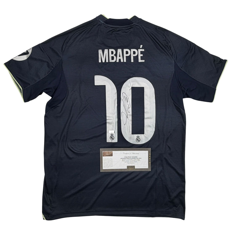 Autographed/Signed Kylian Mbappe Real Madrid Navy Blue Soccer Jersey Panini Authentic COA
