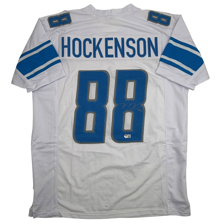 Autographed/Signed TJ Hockenson Detroit White Football Jersey Beckett BAS COA