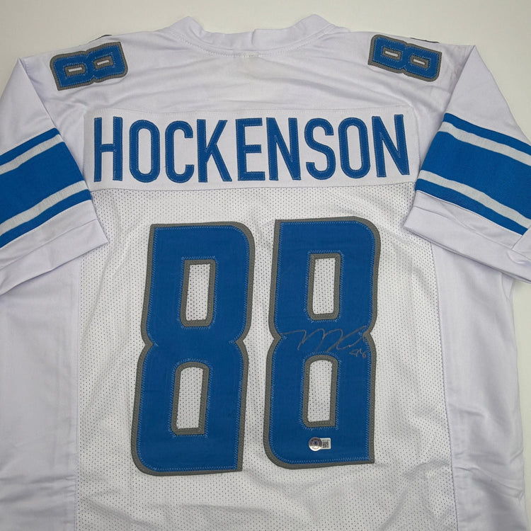 Autographed/Signed TJ Hockenson Detroit White Football Jersey Beckett BAS COA