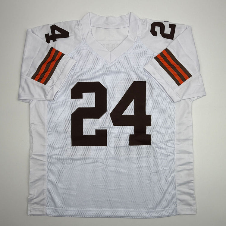 Autographed/Signed Nick Chubb Cleveland White Football Jersey Beckett BAS COA