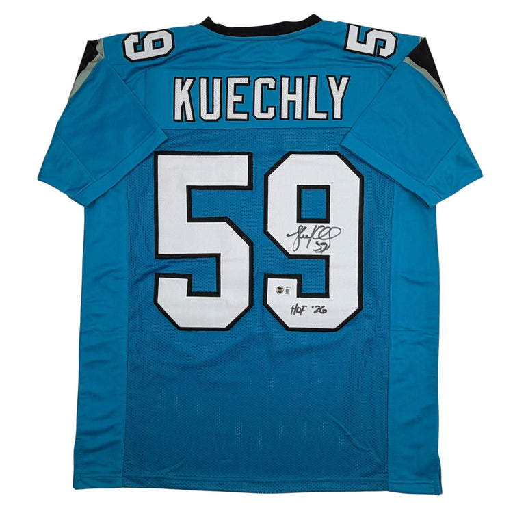 Autographed/Signed Luke Kuechly HOF 26 Carolina Blue Football Jersey Beckett BAS COA
