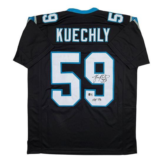 Autographed/Signed Luke Kuechly HOF 26 Carolina Black Football Jersey Beckett BAS COA