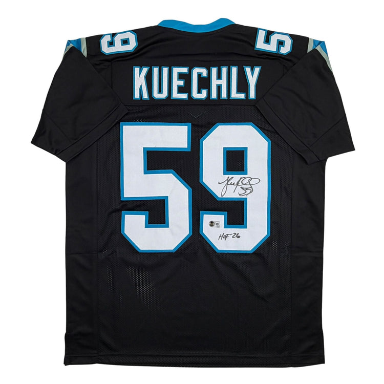 Autographed/Signed Luke Kuechly HOF 26 Carolina Black Football Jersey Beckett BAS COA