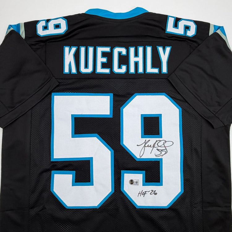 Autographed/Signed Luke Kuechly HOF 26 Carolina Black Football Jersey Beckett BAS COA