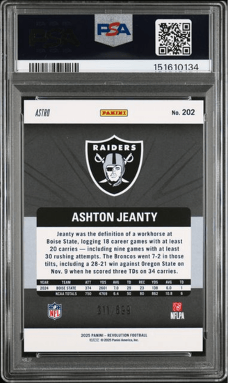 Graded 2025 Panini Revolution Ashton Jeanty #202 Green Astro /699 Rookie RC Football Card PSA 10 Gem Mint