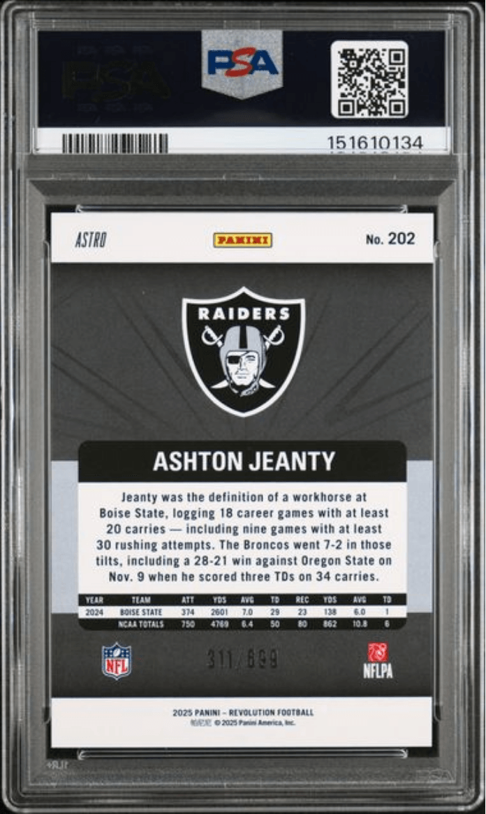 Graded 2025 Panini Revolution Ashton Jeanty #202 Green Astro /699 Rookie RC Football Card PSA 10 Gem Mint
