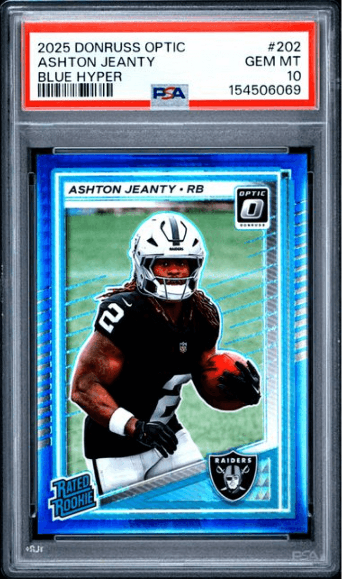 Graded 2025 Panini Donruss Optic Ashton Jeanty #202 Blue Hyper Rookie RC Football Card PSA 10 Gem Mint