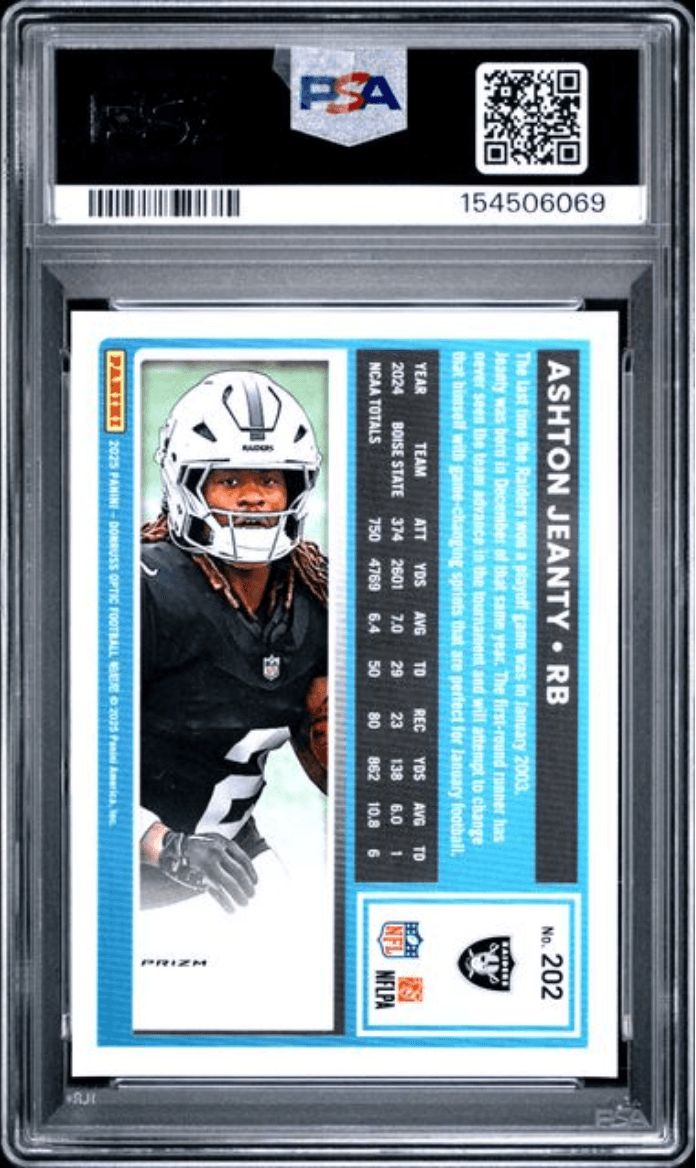 Graded 2025 Panini Donruss Optic Ashton Jeanty #202 Blue Hyper Rookie RC Football Card PSA 10 Gem Mint