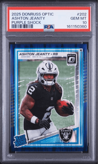 Graded 2025 Panini Donruss Optic Ashton Jeanty #202 Purple Shock Rookie RC Football Card PSA 10 Gem Mint