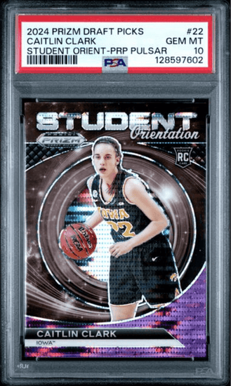Graded 2024 Panini Prizm Draft Picks Caitlin Clark #22 Student Orientation Purple Pulsar /55 Rookie RC Basketball Card PSA 10 Gem Mint