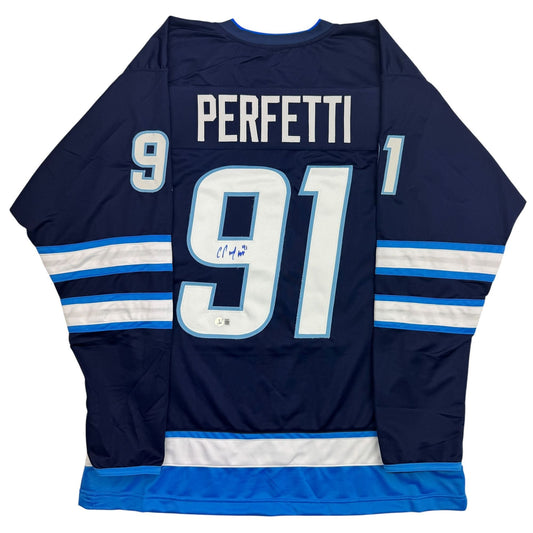 Autographed/Signed Cole Perfetti Winnipeg Blue Hockey Jersey Beckett BAS COA