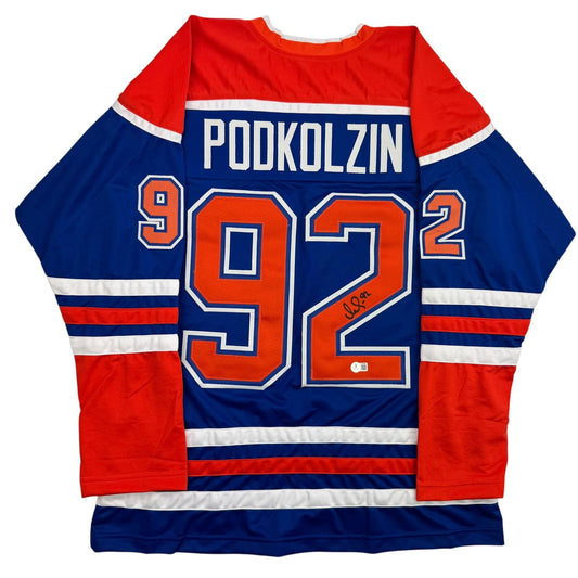 Autographed/Signed Vasily Podkolzin Edmonton Blue Hockey Jersey Beckett BAS COA