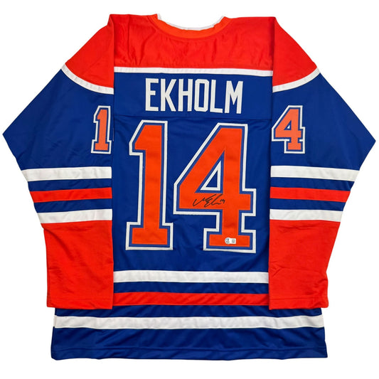 Autographed/Signed Mattias Ekholm Edmonton Blue Hockey Jersey Beckett BAS COA