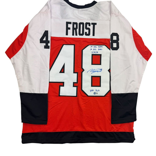 Autographed/Signed Morgan Frost Philadelphia Orange Hockey Jersey Beckett BAS COA