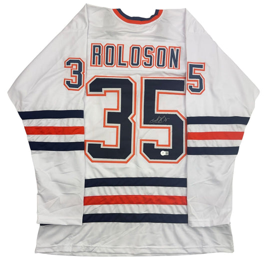 Autographed/Signed Dwayne Roloson Edmonton White Hockey Jersey Beckett BAS COA