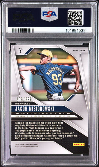 Graded 2025 Panini Prizm Jacob Misiorowski #4 Red Pulsar /399 Rookie RC Baseball Card PSA 10 Gem Mint